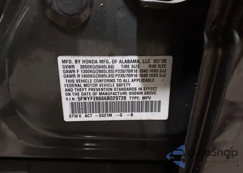 2006 Honda Pilot Ex-L z USA, uszkodzony, nr VIN 5FNYF28666B029728